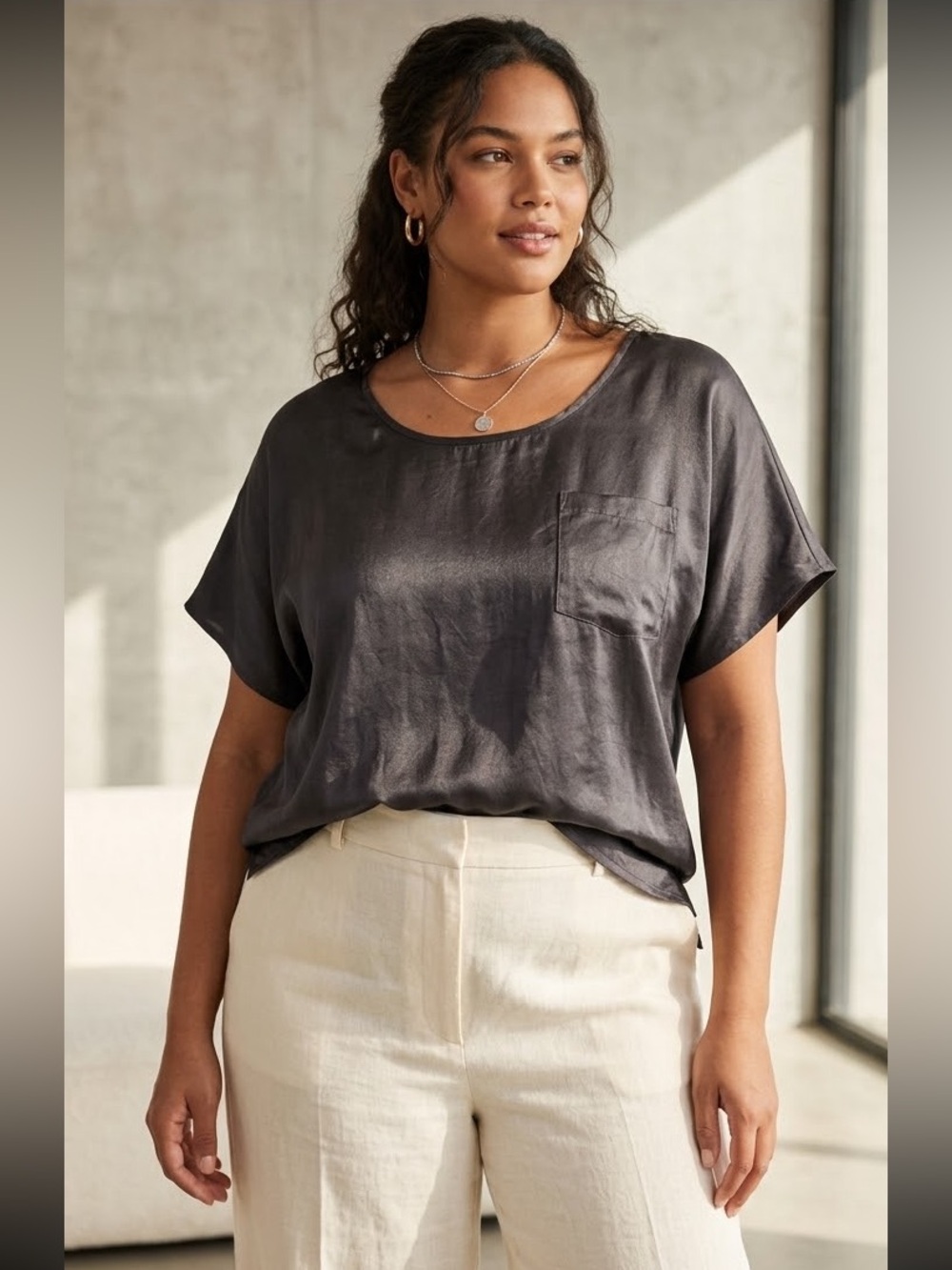 J.Crew 100% Silk Short Sleeve Scoop Neck Top Charcoal Gray Size Large